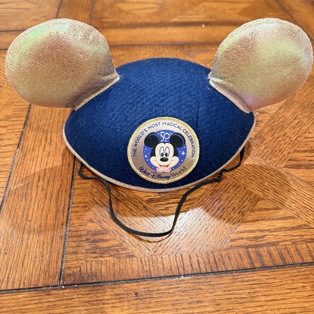 Disney World WDW 50th Anniversary Mickey Mouse Ear Hat Iridescent Gold Blue Hat